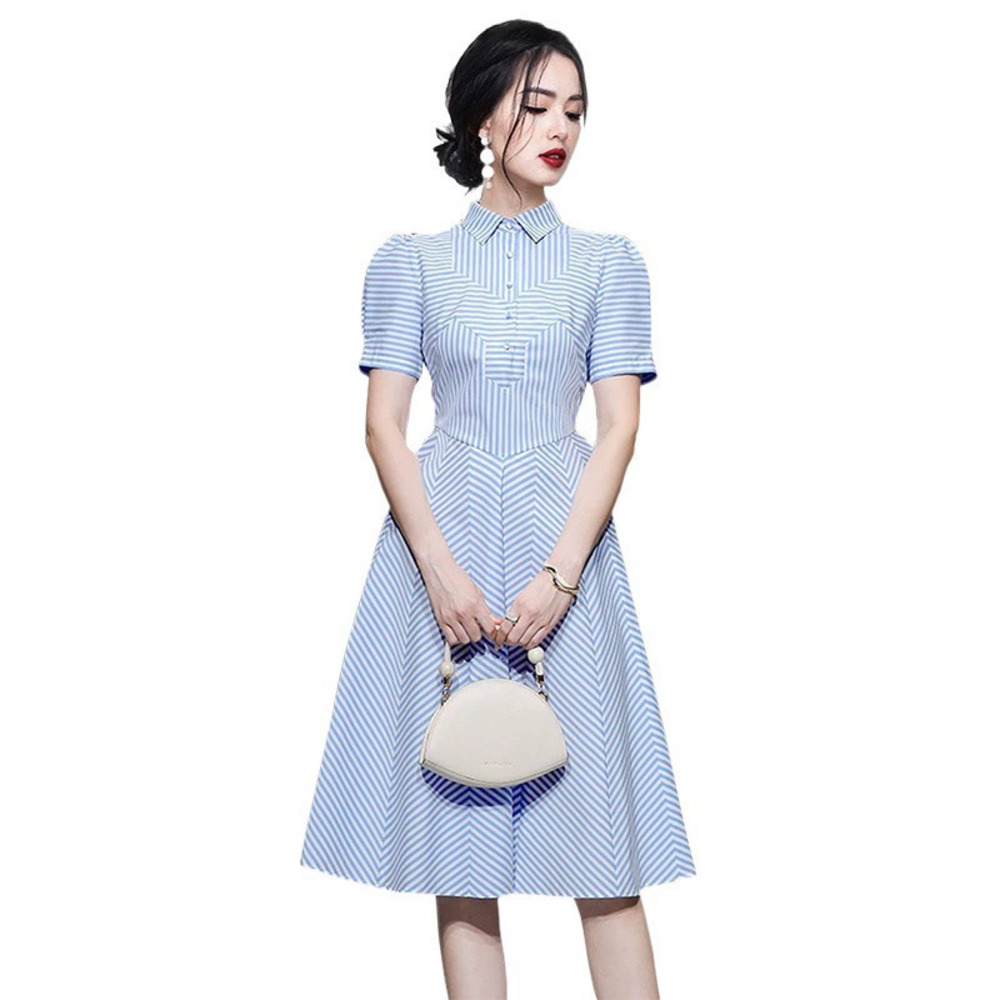 Summer Elegant Lapel Puff Sleeve Waist Slimming Patchwork Stripe Dress